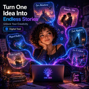 May include: An artistic digital illustration promoting creativity. A woman gazes at a laptop with a glowing lightbulb icon, surrounded by thought bubbles labeled "Epic Adventures," "Romantic Tales," and more. The image includes books and a mug that says "Create Your Worlds."