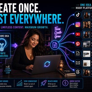 May include: A digital marketing graphic with the text "CREATE ONCE. POST EVERYWHERE." A woman is working on a laptop, with icons representing various social media platforms. The graphic promotes content repurposing for maximum growth.