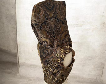 Hooded corset handcrafted Reclaimed Textile Hooded Corset: Tapestry Bustier with Grommets
