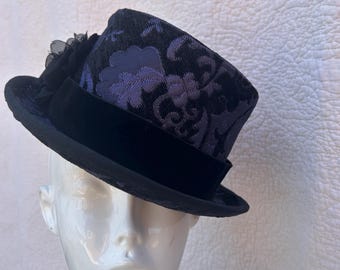 Purple Top Hat – Purple Brocade, Black Velvet, Beaded Lizard Appliqué – Steampunk Festival Headwear