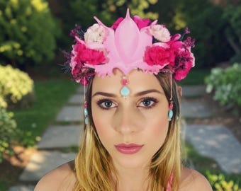 Pink Floral Crown Headpiece, Romantic Boho Fairy Festival Headband, Cosplay Accessory