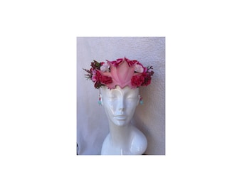 Pink Floral Crown Headpiece, Renaissance Faire Flower Crown, Fairy Festival Headband, Cosplay Headpiece, Romantic Boho Costume Accessory