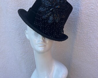 Vintage top hat. Black top hat.  Black Sequin Beaded Fringe Top Hat, Gothic Glam Burlesque Headpiece