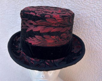 Red Black Gothic Top Hat – Brocade Fabric, Eye Detail, Statement Accessory