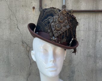 Steampunk Victorian Top Hat, Lace Overlay, Industrial Gears, Gothic Festival Hat