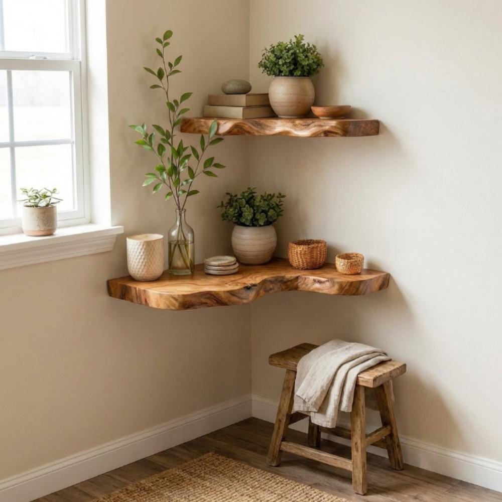 Corner Floating Shelf, Solid Wood Wall Shelves, Minimalist Home Decor ...