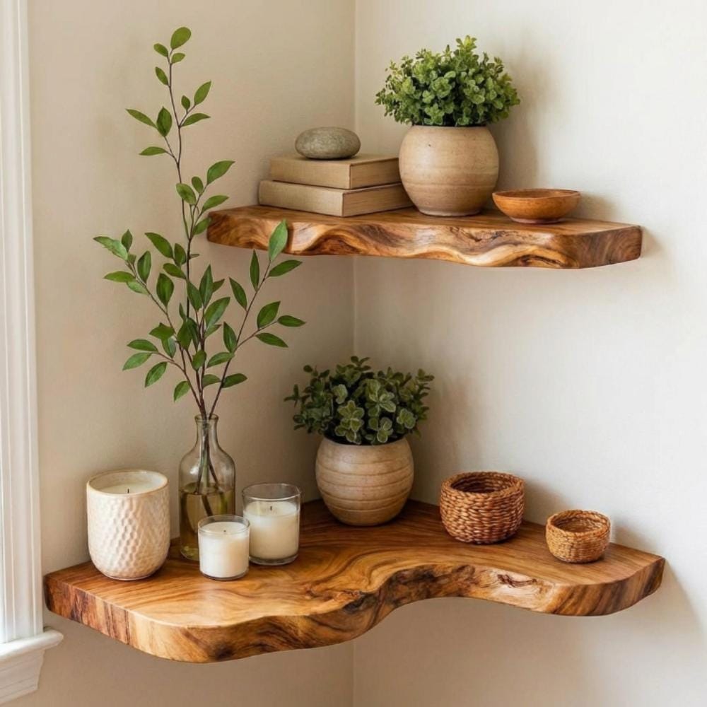 Corner Floating Shelf, Solid Wood Wall Shelves, Minimalist Home Decor ...