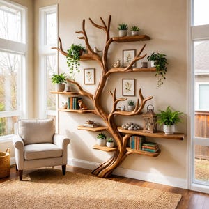 Op de afbeelding: Een houten, boomvormige boekenplank met meerdere planken, met potplanten, boeken en decoratieve items. De planken zijn zo gerangschikt dat ze op boomtakken lijken. De kamer heeft een neutraal kleurenpalet.