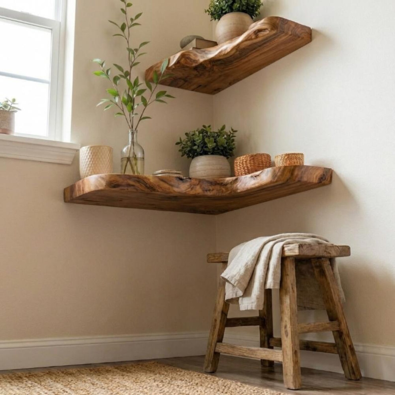 Corner Floating Shelf, Solid Wood Wall Shelves, Minimalist Home Decor ...
