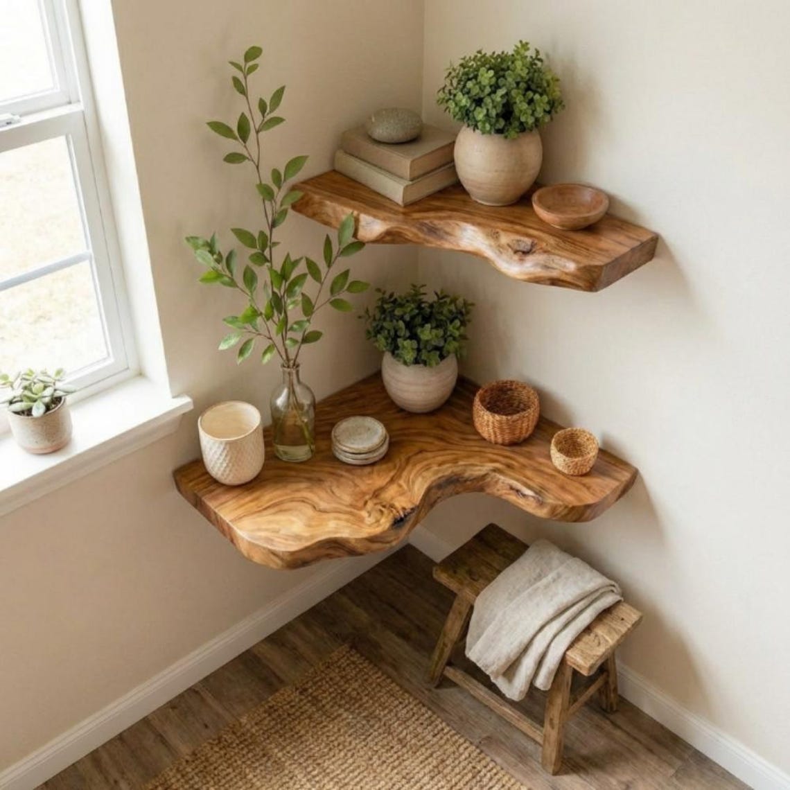 Corner Floating Shelf, Solid Wood Wall Shelves, Minimalist Home Decor ...