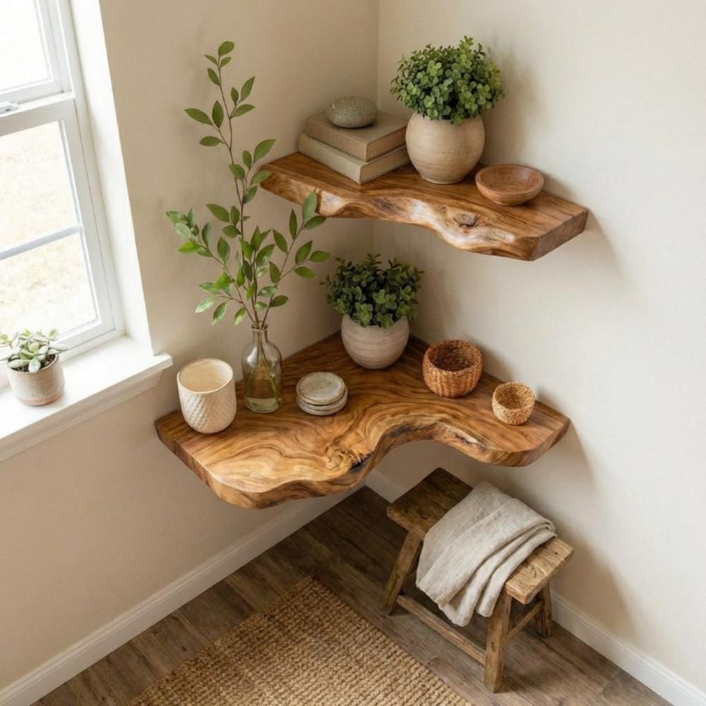 Corner Floating Shelf, Solid Wood Wall Shelves, Minimalist Home Decor ...