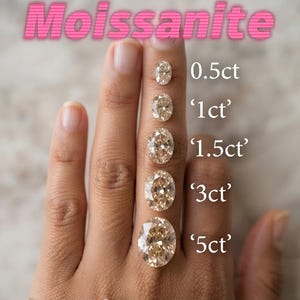 Puede incluir: Cinco piedras preciosas de Moissanita de corte ovalado dispuestas verticalmente por tamaño, etiquetadas como 0.5ct, 1ct, 1.5ct, 3ct y 5ct. Las piedras transparentes y facetadas muestran un gran brillo y están alineadas para mostrar la escala.