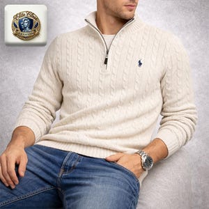 Jersey de punto trenzado Polo con cremallera de un cuarto, jersey de invierno, cómodo y clásico.