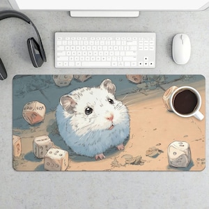 May include: A rectangular mousepad featuring an illustration of a fluffy white hamster surrounded by dice. A cup of coffee sits to the right. The background has a soft, pastel color palette with a blue and tan color scheme. A keyboard, mouse, and headphones are visible.