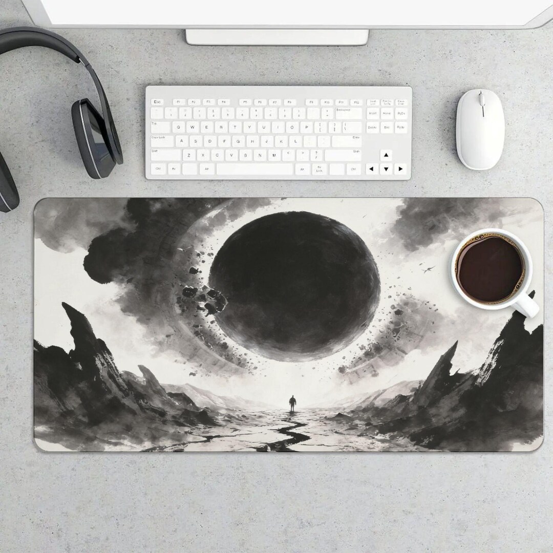 Surreal Black Orb Eclipse Desk Mat | Dark Fantasy Lone Wanderer Mouse ...