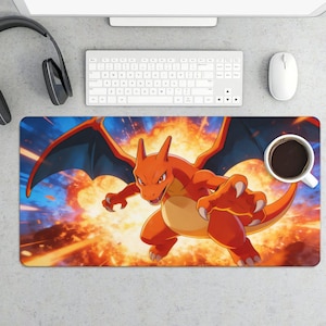 Charizard Fire Blast Gaming Mouse Pad | Epic Flames Pokémon Desk Mat, Dynamic Orange Dragon Extended Pad, Legendary Gamer Setup