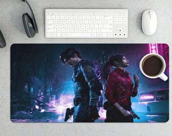 Leon & Claire Mouse Pad | Resident Evil 2 Rainy Neon Gaming Desk Mat