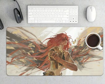 Red-Haired Warrior Anime Desk Mat – Fantasy Gaming Mousepad, Large Office Setup