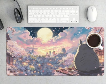 Totoro Full Moon Gaming Mouse Pad | Pastel Japanese Village Desk Mat, Cherry Blossoms Stars