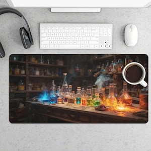 May include: A desk mat featuring a fantasy laboratory scene with colorful glass bottles and flasks. The scene includes a cup of coffee, a keyboard, and a mouse. The bottles contain liquids in various colors, with some emitting smoke and light.