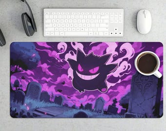 Gengar Mouse Pad - Ghost Pokémon Floating in Haunted Cemetery with Bats, Large Gaming Desk Mat, Extended Mousepad for Pokemon Fans