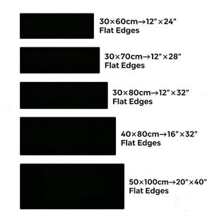 K&ouml;nnte beinhalten: Gezeigt werden schwarze rechteckige Matten in verschiedenen Gr&ouml;&szlig;en, darunter 30x60cm, 30x70cm, 30x80cm, 40x80cm und 50x100cm. Der Text weist auf flache Kanten hin. Die Matten sind wahrscheinlich f&uuml;r den Heim- oder B&uuml;rogebrauch geeignet.