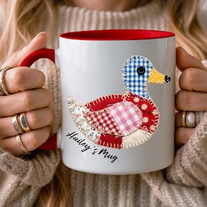 Personalized Patchwork Duck Mug, Custom Name Ceramic Coffee Cup, Rustic Cottagecore Gift