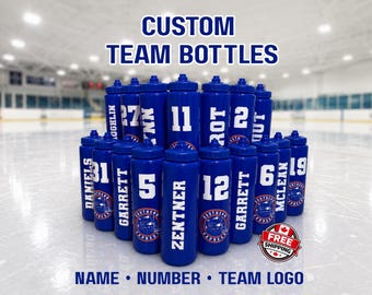 Custom Team Water Bottles (Bulk) • Personalized Name & Number • Hockey, Baseball, Soccer Gifts