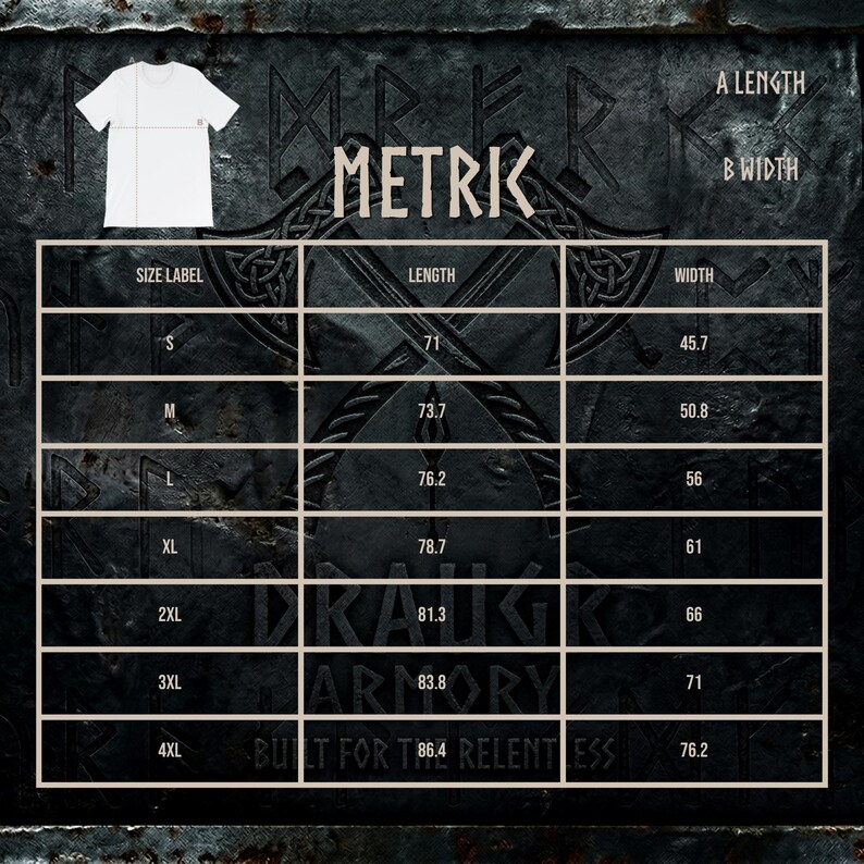 May include: A white t-shirt with a size chart labeled "METRIK" showing length and width measurements in centimetres. The chart includes sizes S through 4XL. The background has a textured, dark grey design with the text "DRAKAR ARMORY" and "BUILT FOR THE RELENTLESS".