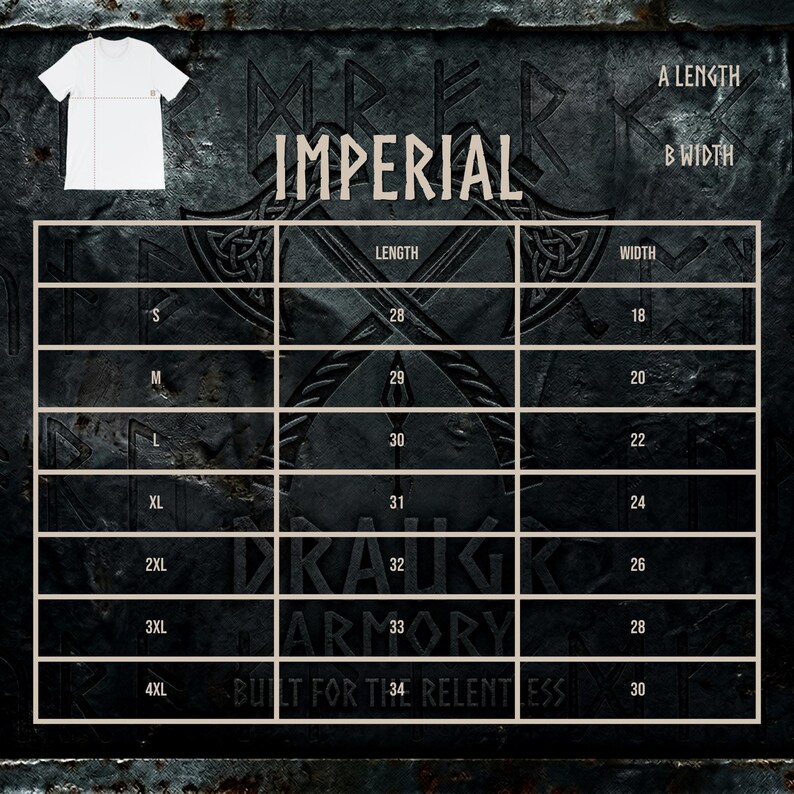 May include: A white t-shirt with a size chart labeled "IMPERIAL" showing length and width measurements in inches. The chart includes sizes S to 4XL, with corresponding measurements. The background has a textured, dark gray design.