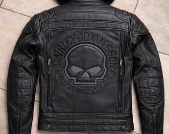 Giacca con cappuccio in pelle riflettente con teschio Harley Davidson da uomo, vera pelle bovina, nera, con cappuccio Willie G Skull, giacca da moto HD per lui