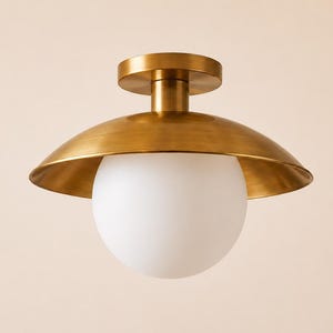 Handmade Brass Ceiling Light - White Opal Globe Flush Mount, Mid Century Modern Fixture