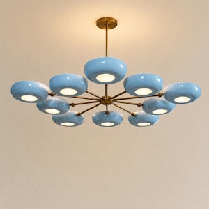Mid Century Modern Sputnik Chandelier, Blue Glass Brass Ceiling Light, Italian Style Pendant Lamp, Handmade Lighting Fixture