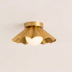 Scalloped Brass Ceiling Light Fixture, Handmade Flush Mount, Mid-Century Modern Elegant Lighting