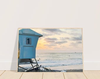 San Diego Lifeguard Station bij zonsondergang met uitzicht op de oceaan - houten ingelijste poster muurkunst