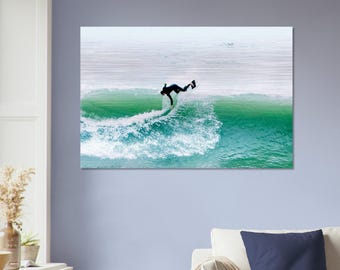 Surfer on Ocean Green Emerald Wave, Hawaii Northshore - Muurkunst print op geborsteld aluminium