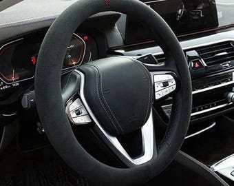 Cowhide Suede Steering Wheel Cover Wrap, Universal 37-38cm Breathable Car Accessory