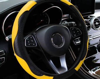 PU Carbon Fiber Pattern Leather Steering Wheel Cover, Universal Fit 14.5-15 Inch Car Accessory