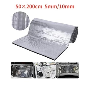 May include: Silver sound deadening mat, 50cm x 200cm, with a thickness of 5mm/10mm. The mat is shown rolled up and unrolled, with a close-up of the textured surface. Additional images show the mat installed in a car.