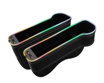 Car Seat Gap Filler with Cup Holder, 7 Color LED Car Crevice Storage Organizer Box with Dual USB Charger, Auto Interior Accessories