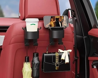 Multifunctional Car Seat Headrest Hook, 3 in 1 Backseat Cup Holder and Bag Hanger, Vehicle Storage Hook Organizer