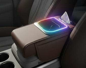Car Armrest Cushion Center Console Organizer with Cup Holder, Phone Slot, Tissue Box Storage, LED Light and Fast Charger