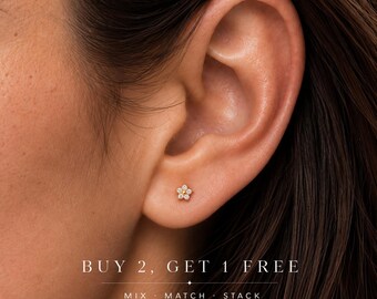 Dainty Gold CZ Flower Stud Earring • Threadless Flat Back • Push Pin Labret