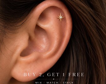 Dainty Gold CZ Starburst Stud Earring • Threadless Flat Back • Push Pin Labret