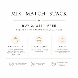 May include: A promotional graphic with the text MIX MATCH STACK and BUY 2, GET 1 FREE. It outlines three steps: 1. MIX & MATCH, 2. ADD TO CART, and 3. SAVE, featuring icons of a shopping bag, a basket, and a pound symbol, with additional text.