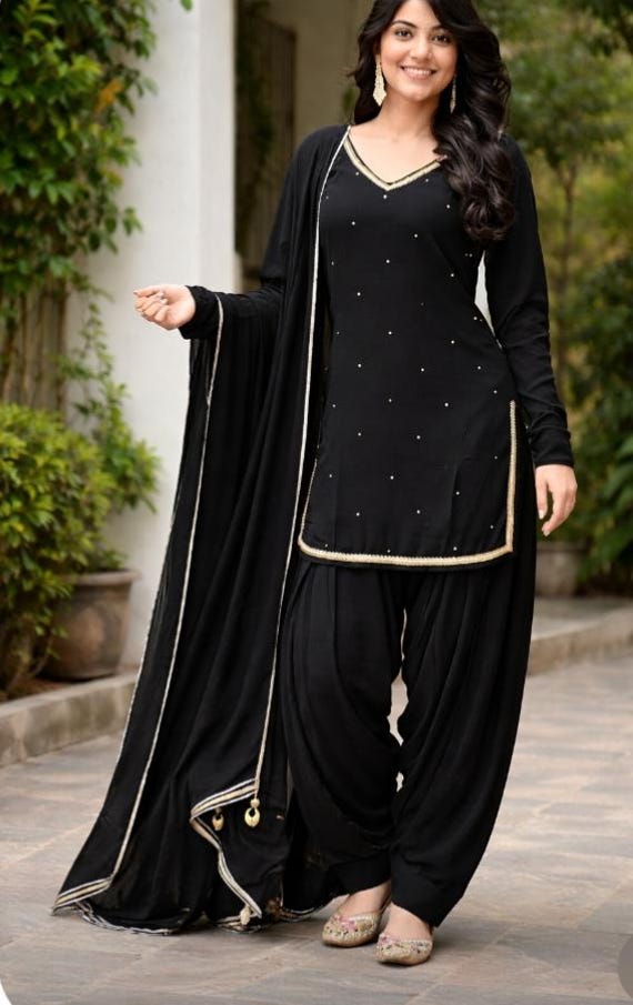 Black Georgette salwar kameez Dupatta Set with Hand Stone Work - Festive Ethnic WearD6