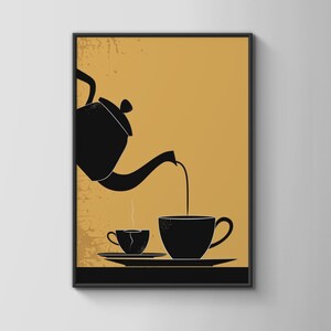 Theepot gieten in theekop Print zwart-gele kunst