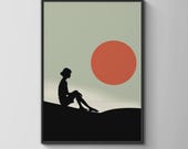 Minimalist Wall Art Print Silhouette of Woman Sitting with Red Sun