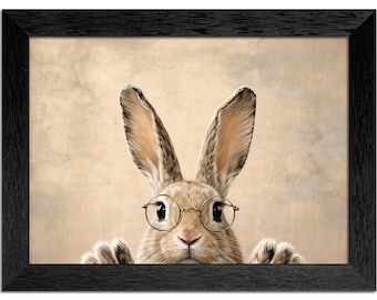 Lámina vintage de conejito de Pascua, cuadro de pared para habitación infantil con marco negro.