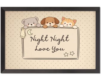 Póster con la frase "Buenas noches, te quiero", estilo retro de mediados de siglo, ideal para dormitorio.
